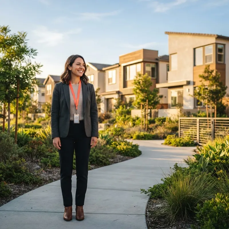 A confident person standing in a new residential area