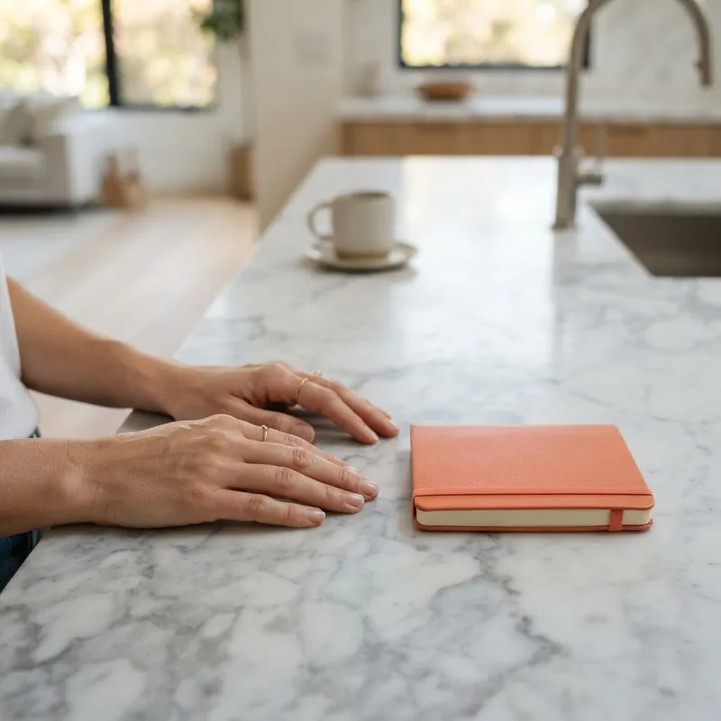 Close up of a leather notebook on a marble countertop