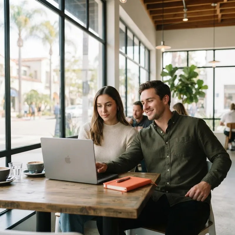 A couple sitting together in a modern bright coffee shop