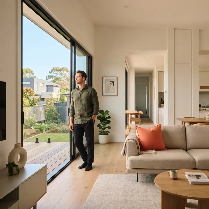 A man looking out a large window in a bright modern living room