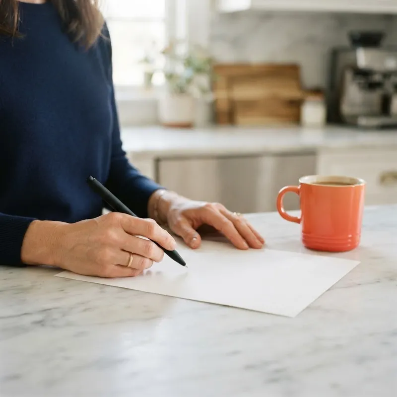 Hands resting on a clean kitchen counter near a document and a coral orange mug