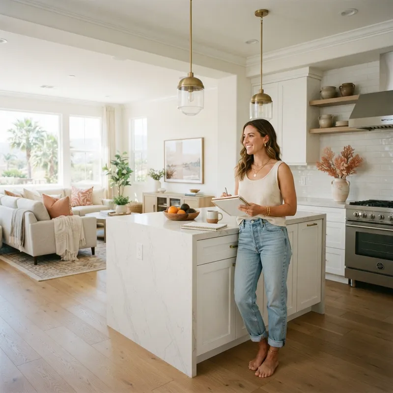 A woman stands in a bright modern kitchen