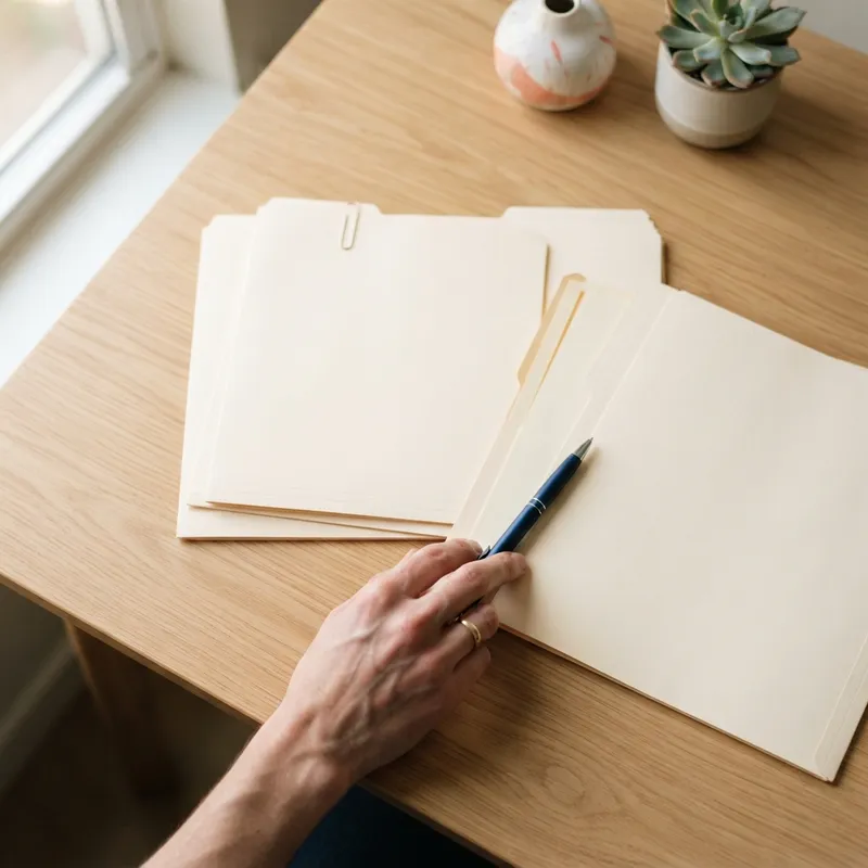 Closing documents resting on a home office table