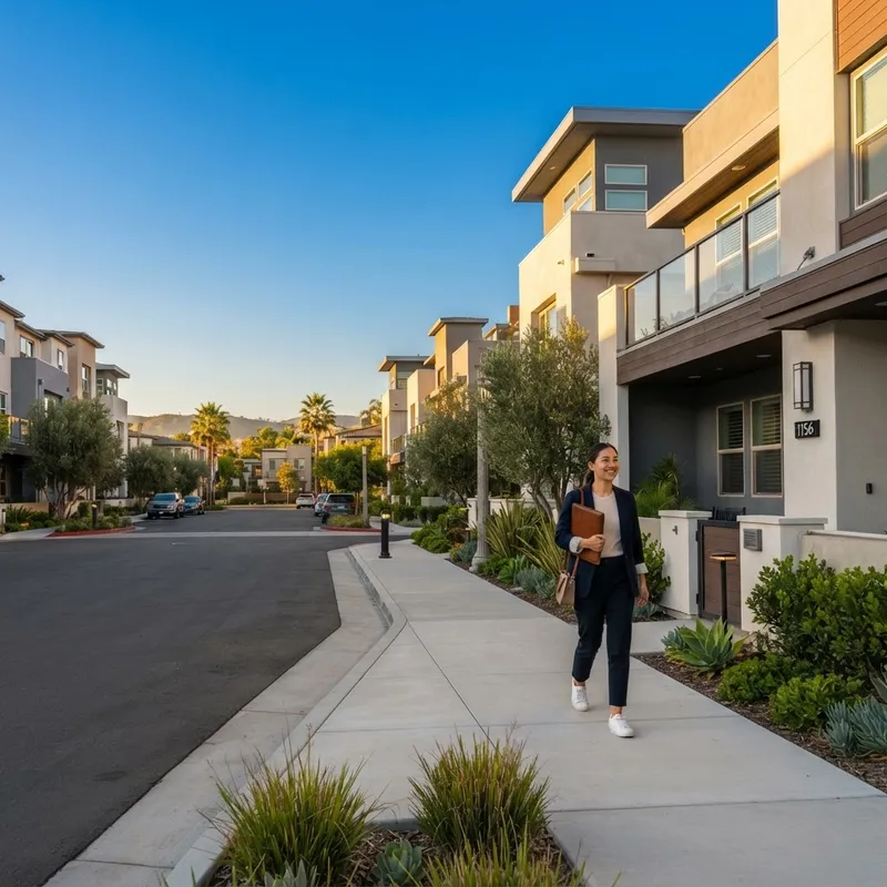 Person walking through a modern suburban community