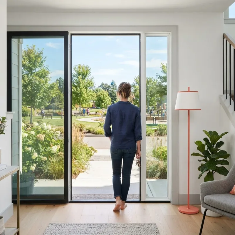 Homeowner looking out from the entrance of a new home