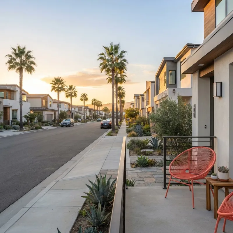 Modern suburban street scene at golden hour with palm trees