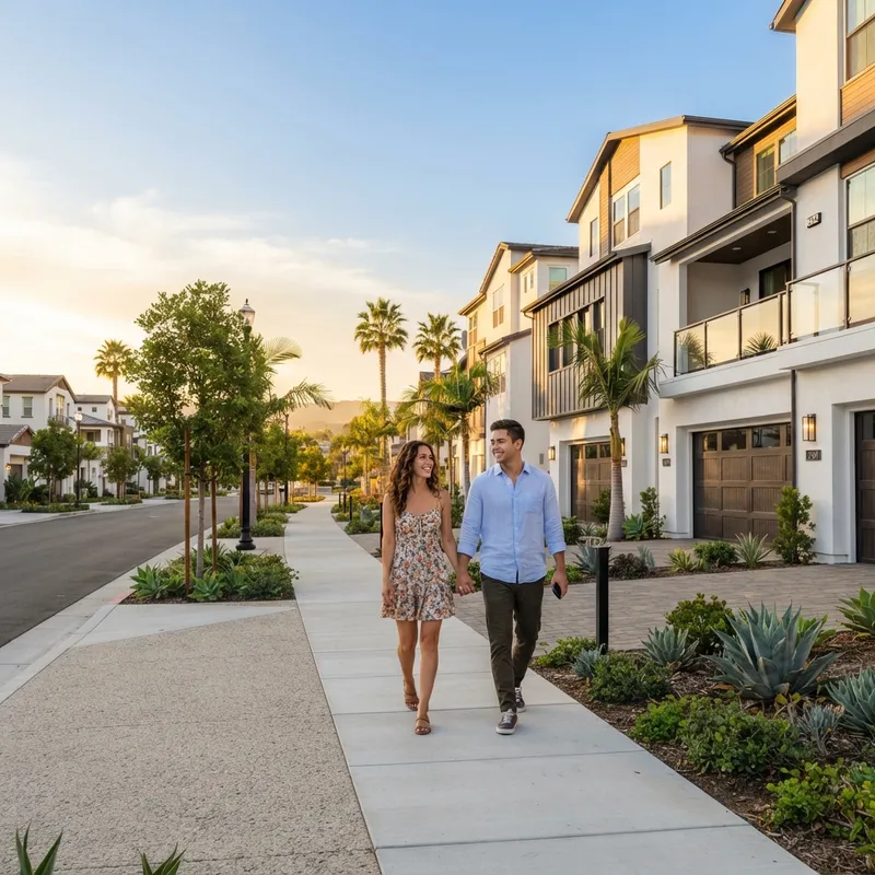 A couple walking through a new suburban home community