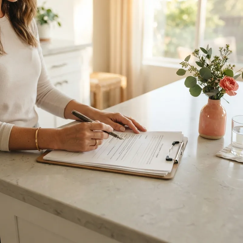 Hands reviewing property documents on a kitchen island