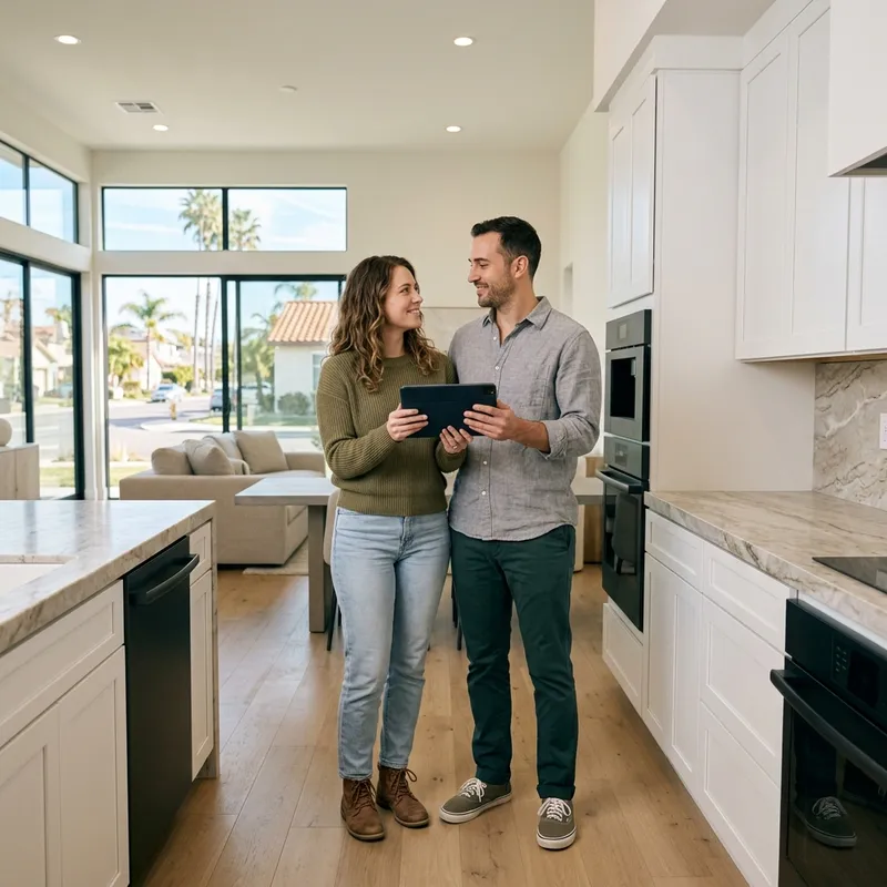 Couple reviewing community details in new home kitchen
