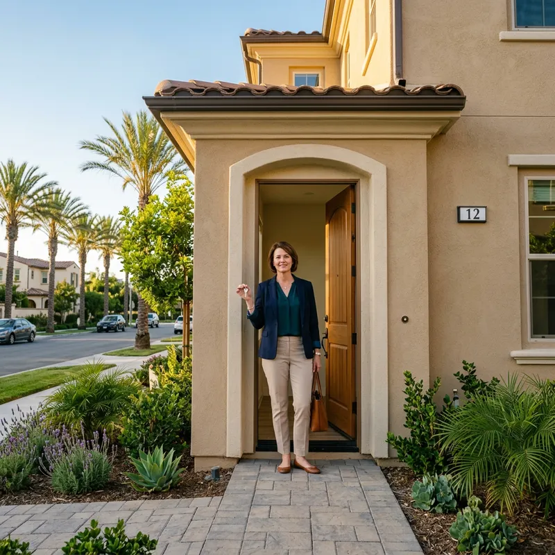 Homebuyer holding keys at new construction home entrance