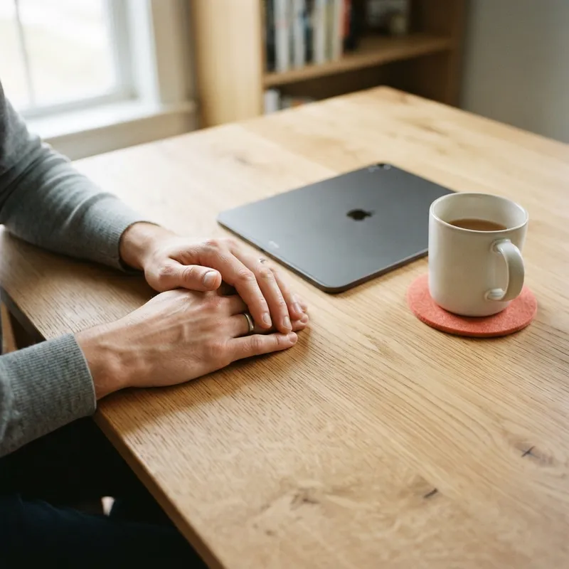 Organized workspace with a tablet and mug on a table