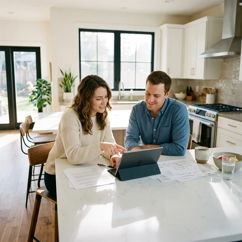 Couple reviewing closing documents at new home kitchen island