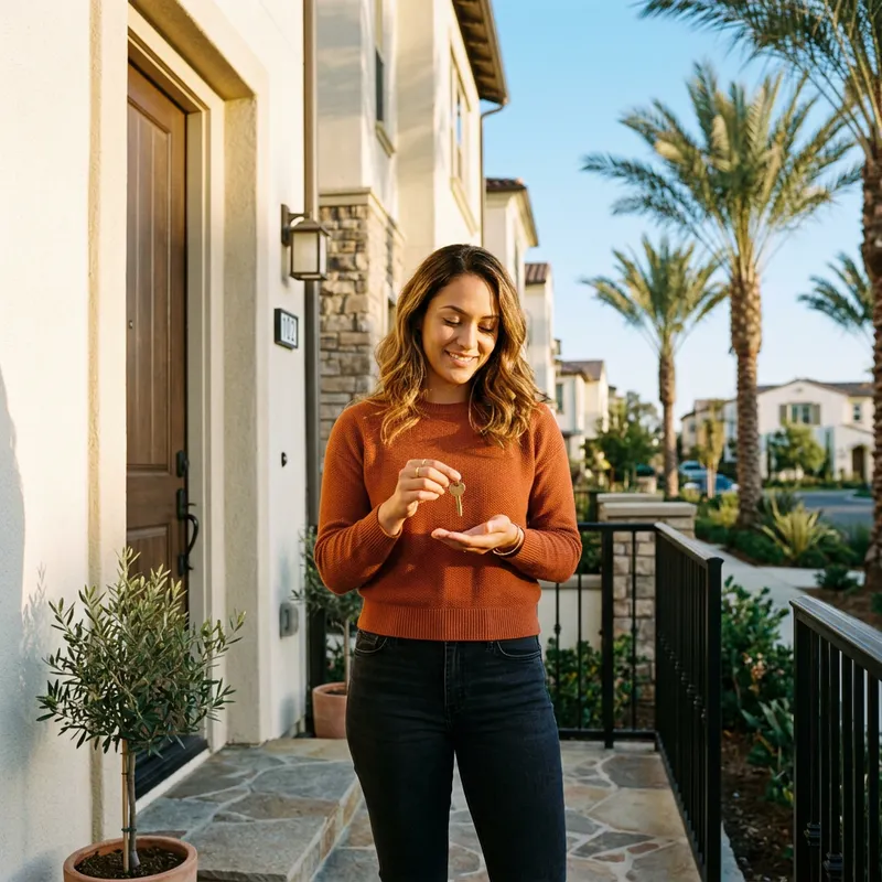 New homeowner holding key on doorstep of new construction home