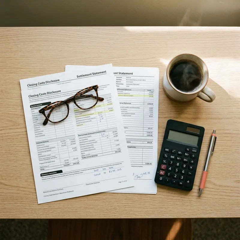 Organized closing documents with calculator and coffee on desk