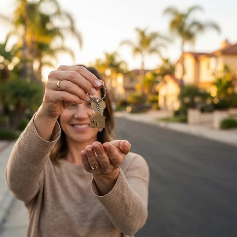 Hands holding keys in front of a new home