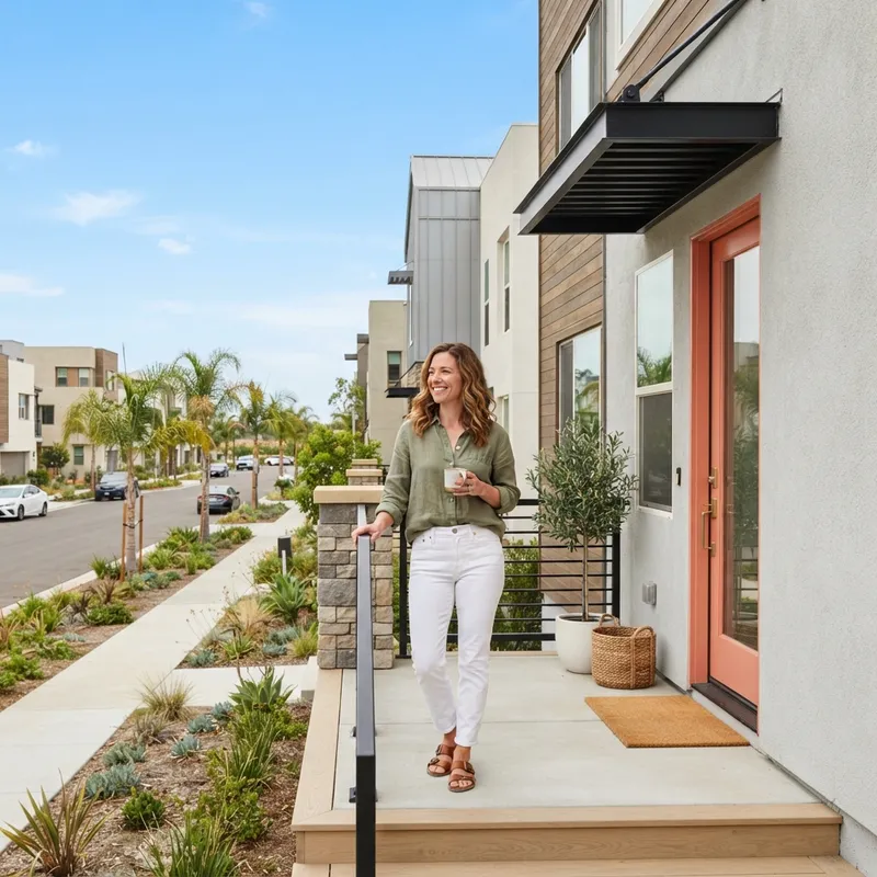 Person standing on the porch of a new townhome