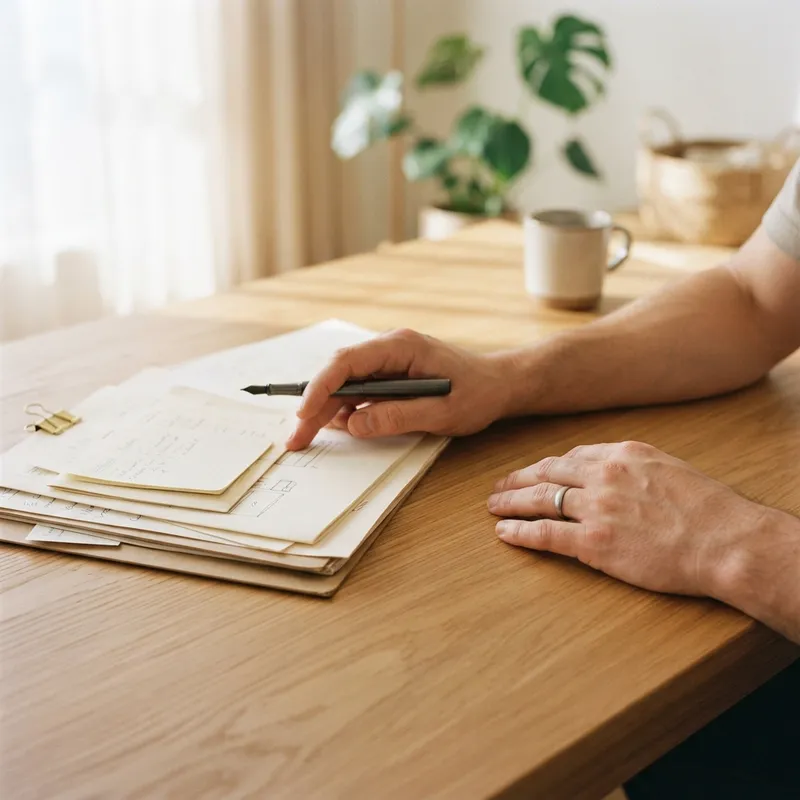 Hands holding a pen over home closing documents on a table