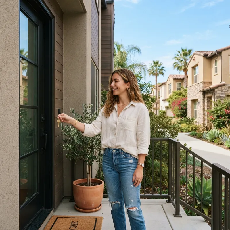 New homeowner standing on a porch holding a house key