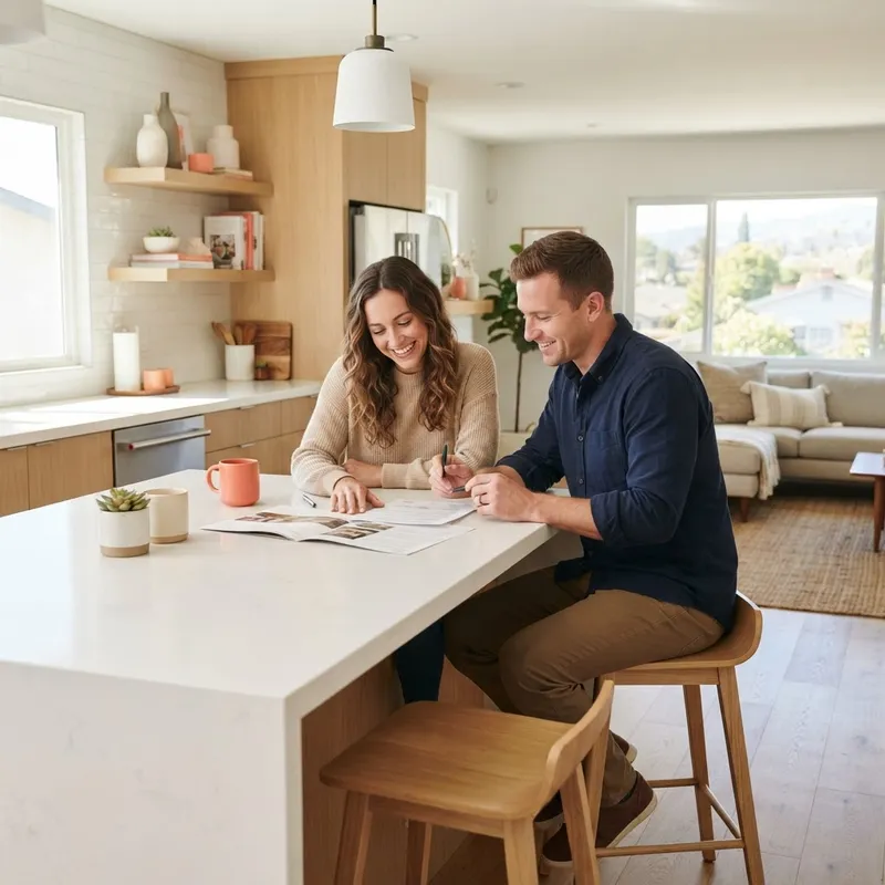 A couple reviewing paperwork together in a modern bright kitchen