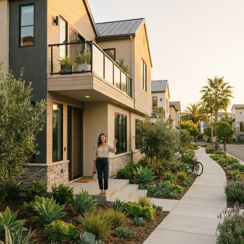 A new homeowner holding a key in front of a modern suburban home