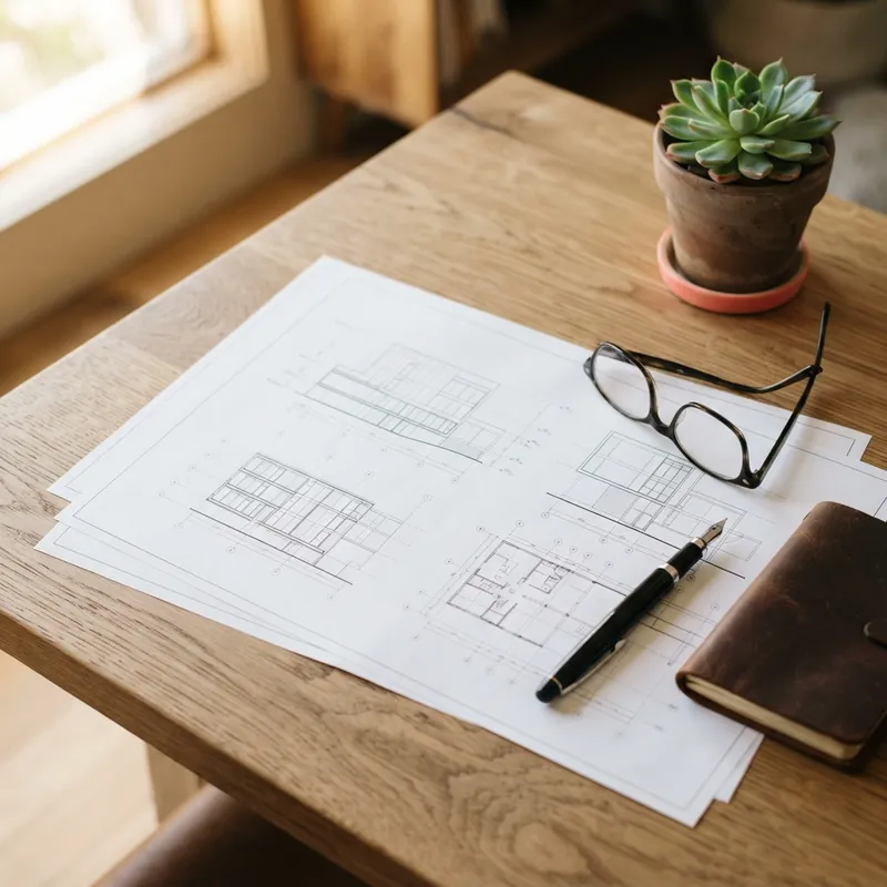 Architectural plans and office supplies on a desk