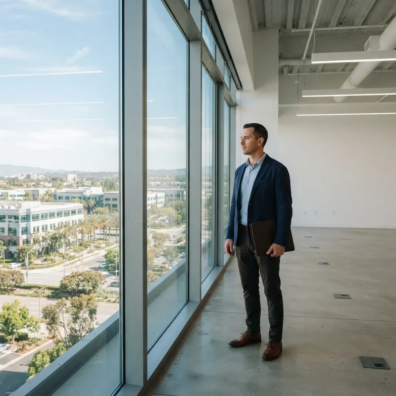 Professional standing in a modern commercial office space