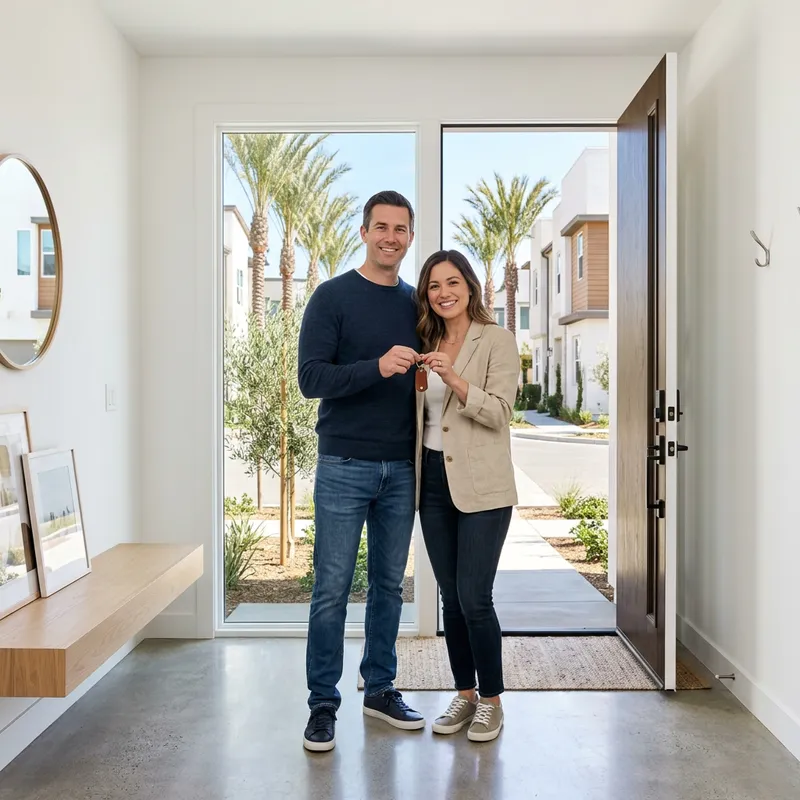 Couple holding key in entryway of newly built Southern California home