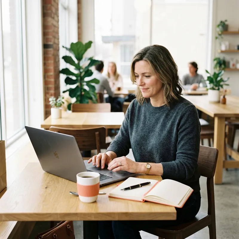 Homebuyer researching properties on laptop at coffee shop