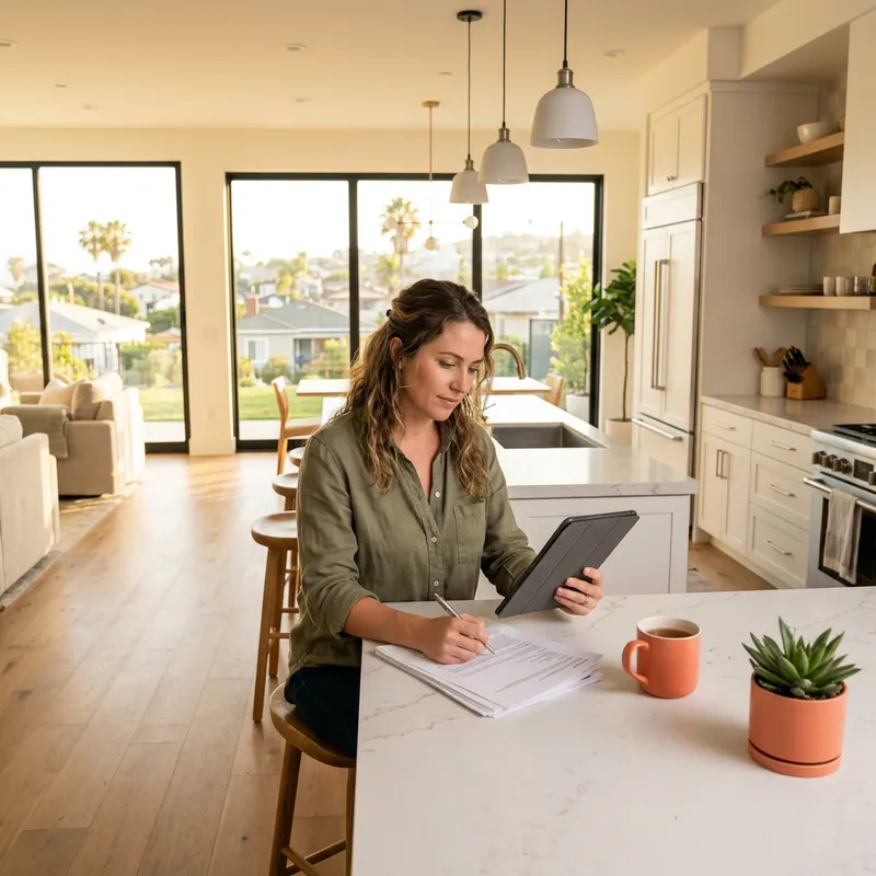 Woman reviewing real estate documents on tablet in modern new home