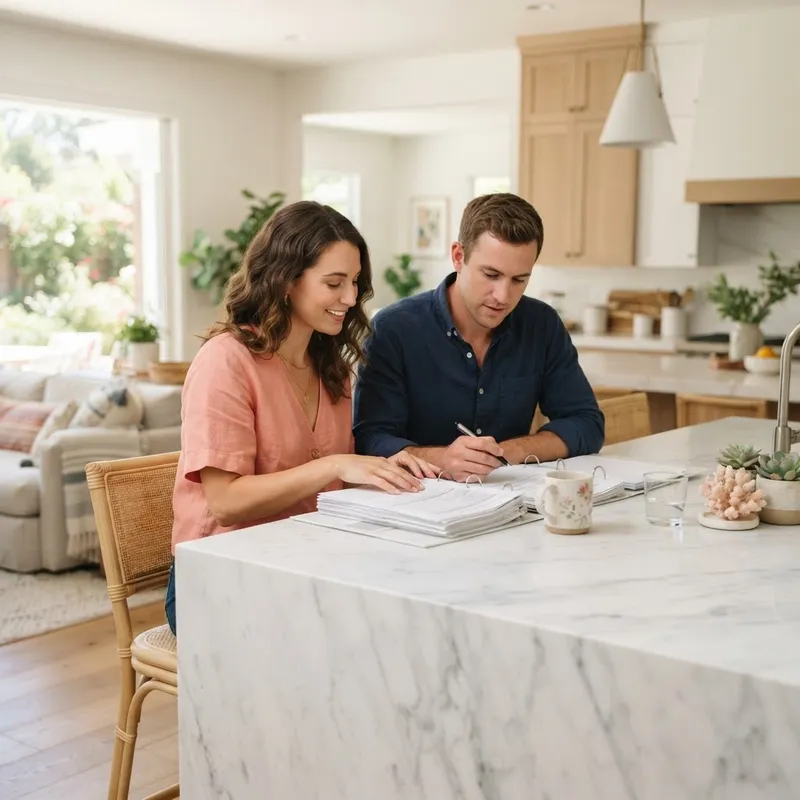 Couple reviewing home purchase documents at a kitchen island
