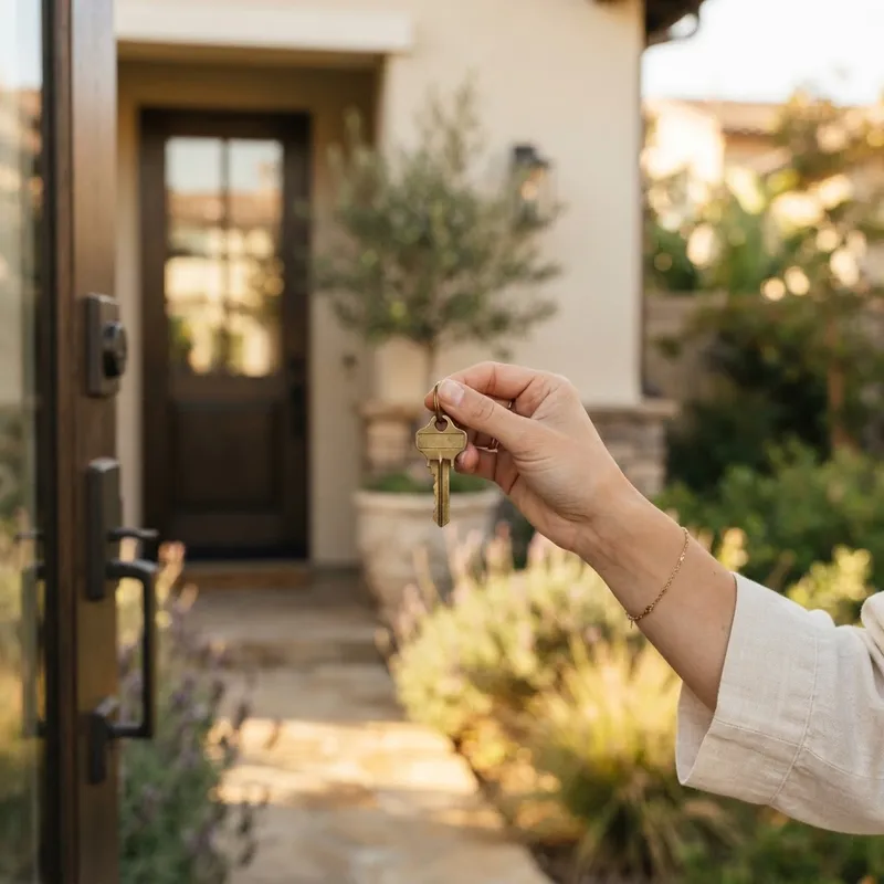 Hand holding a house key in front of a new home entrance
