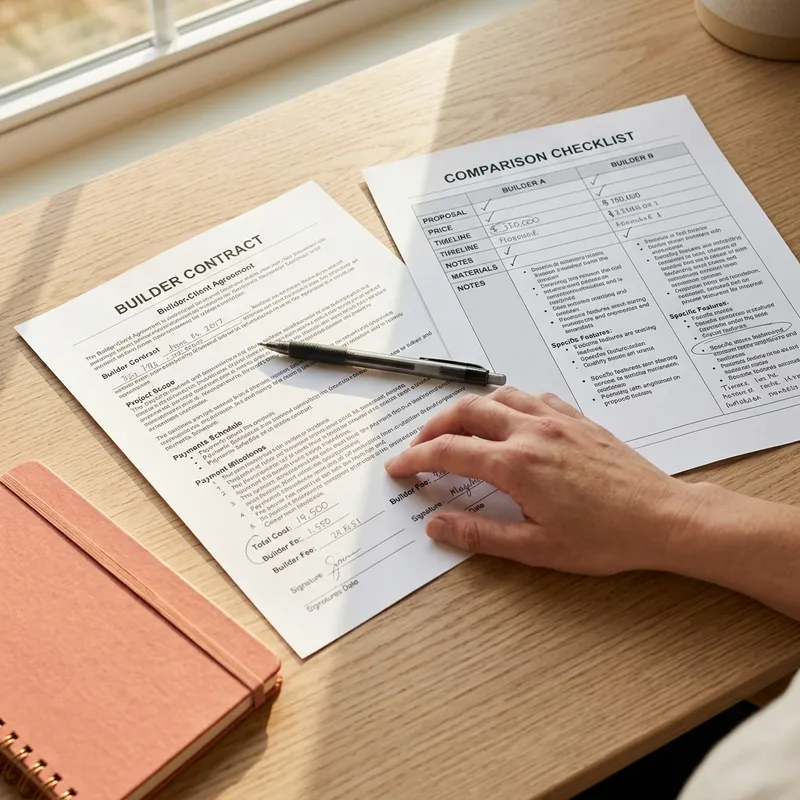 Builder contract and comparison checklist on desk
