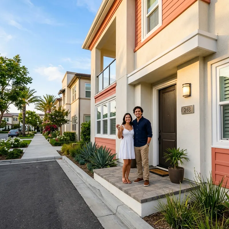 Couple holding key on newly built home porch