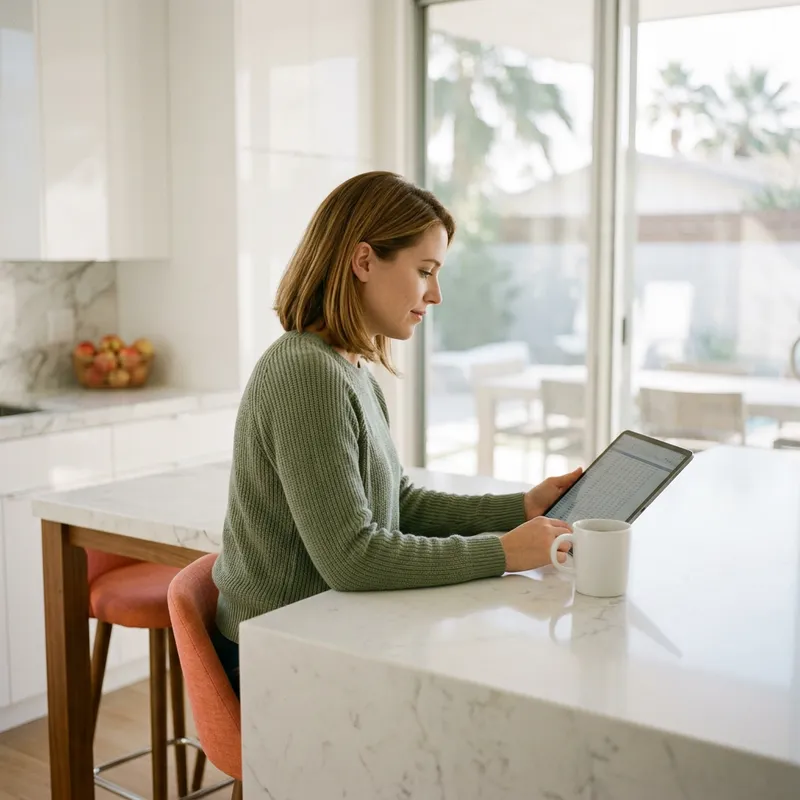 Woman reviewing builder comparison documents on tablet