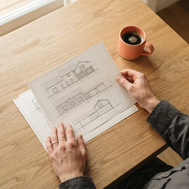 Hands examining architectural prints on a wooden table