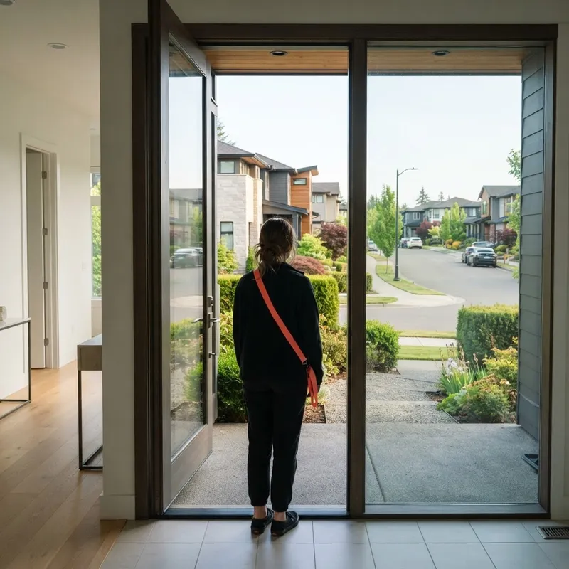 Person standing in a doorway looking at a new community