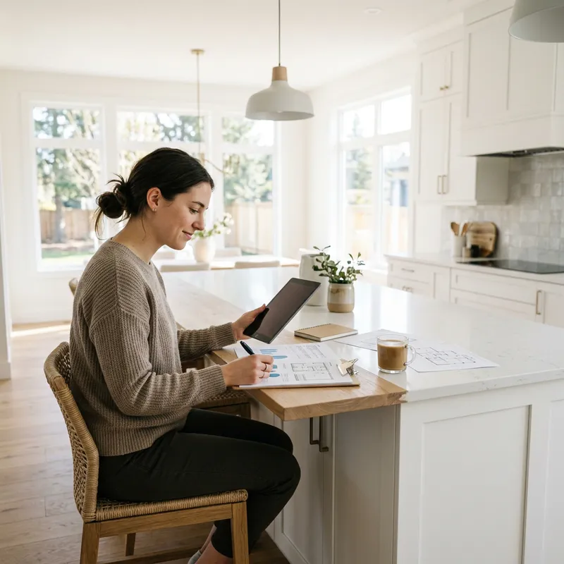 Buyer reviewing upgrade documents at new home kitchen
