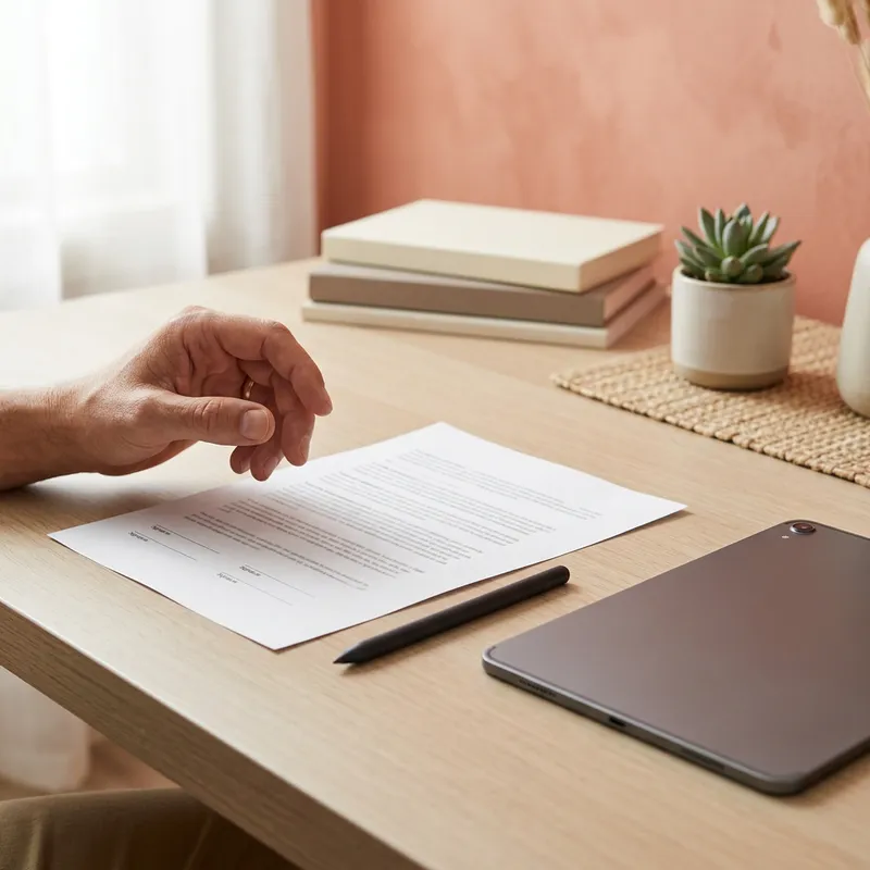 Closeup of buyer reviewing compliance upgrade contract