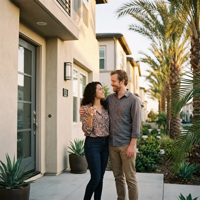 New homeowners with key at freshly built SoCal home