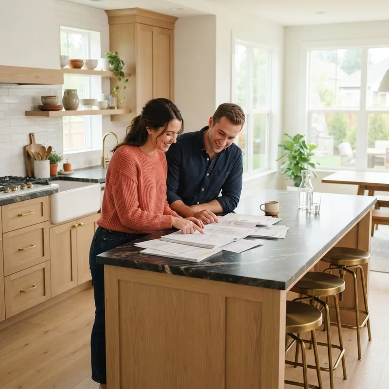 A couple reviewing housing documents in a clean modern kitchen
