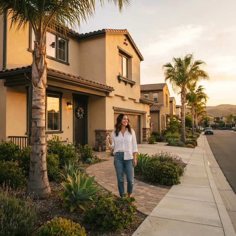 A new homeowner holding a key in front of a house