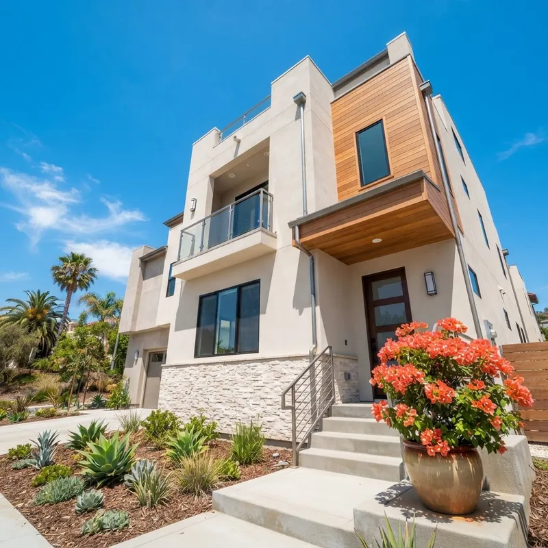 Exterior view of a modern new construction townhome