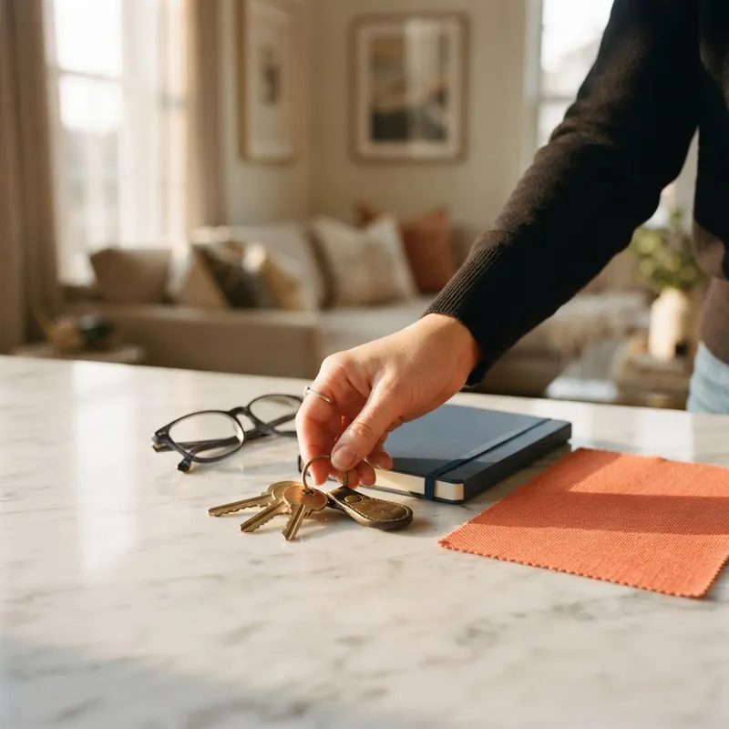 House keys and notebook on a marble countertop