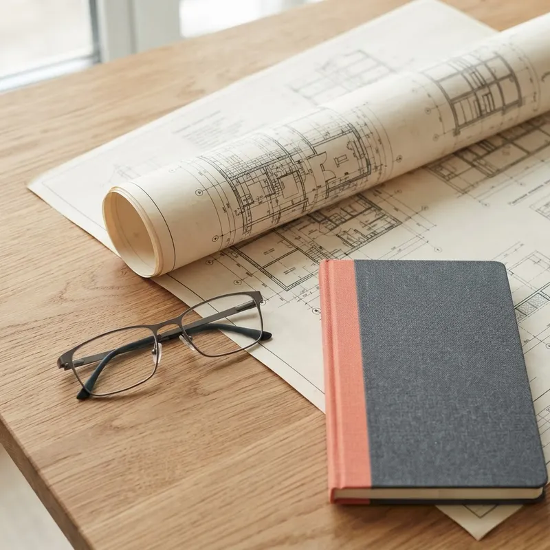 Architectural blueprints and accessories on a table