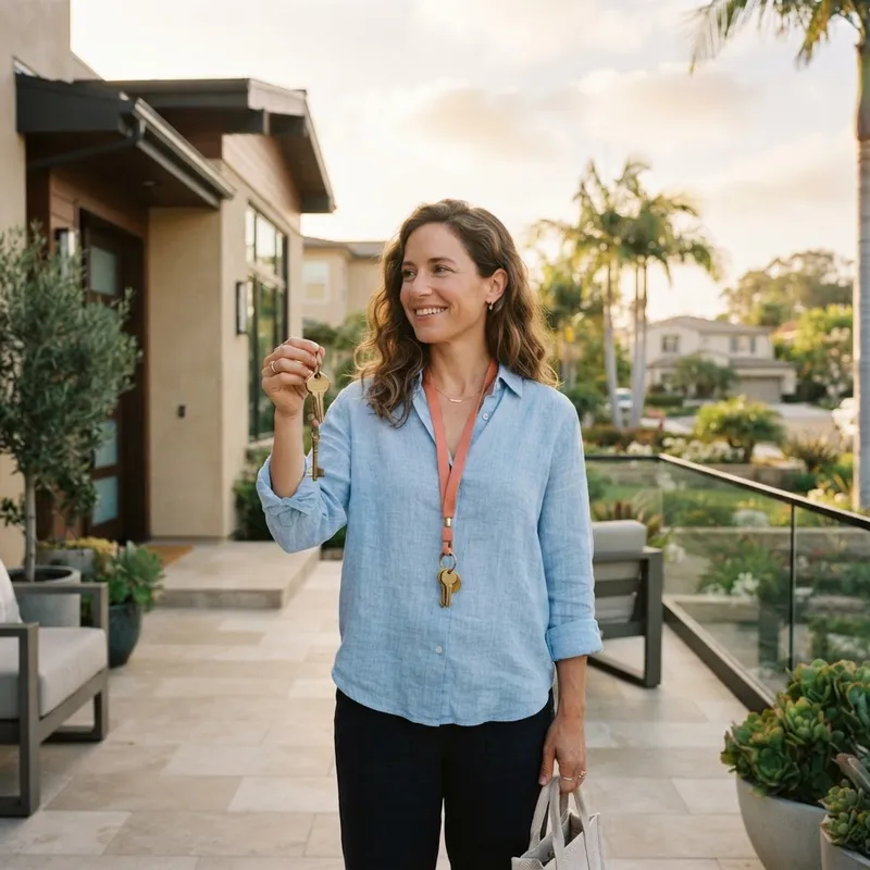 Homeowner holding keys to a new suburban home
