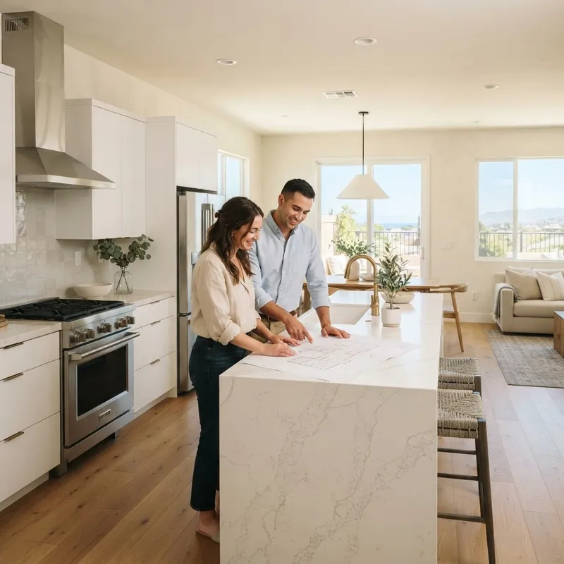 A couple reviewing home floor plans in a modern kitchen