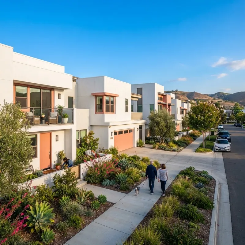 Modern stucco townhomes in a Southern California suburbs