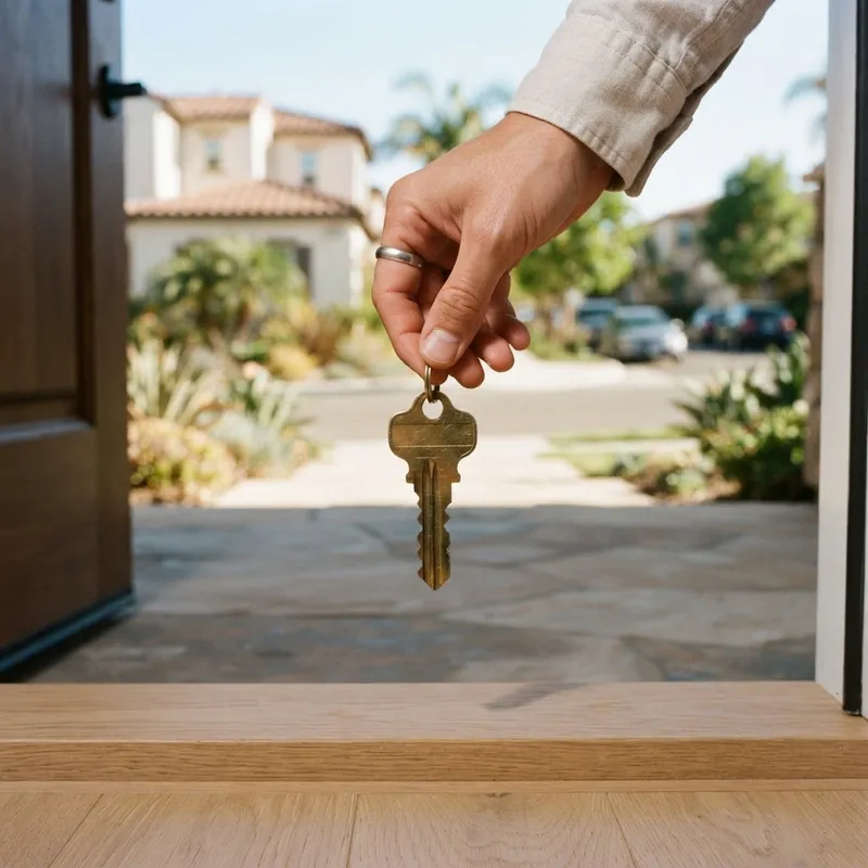 A hand holding a house key at the entrance of a new home
