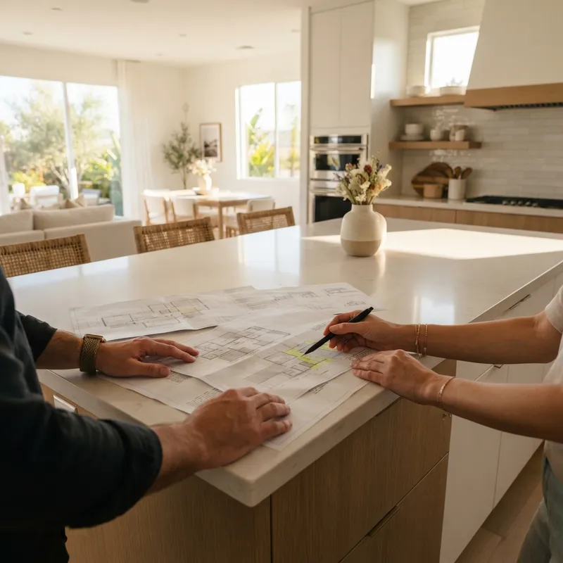 Couple reviewing home construction documents on a kitchen island