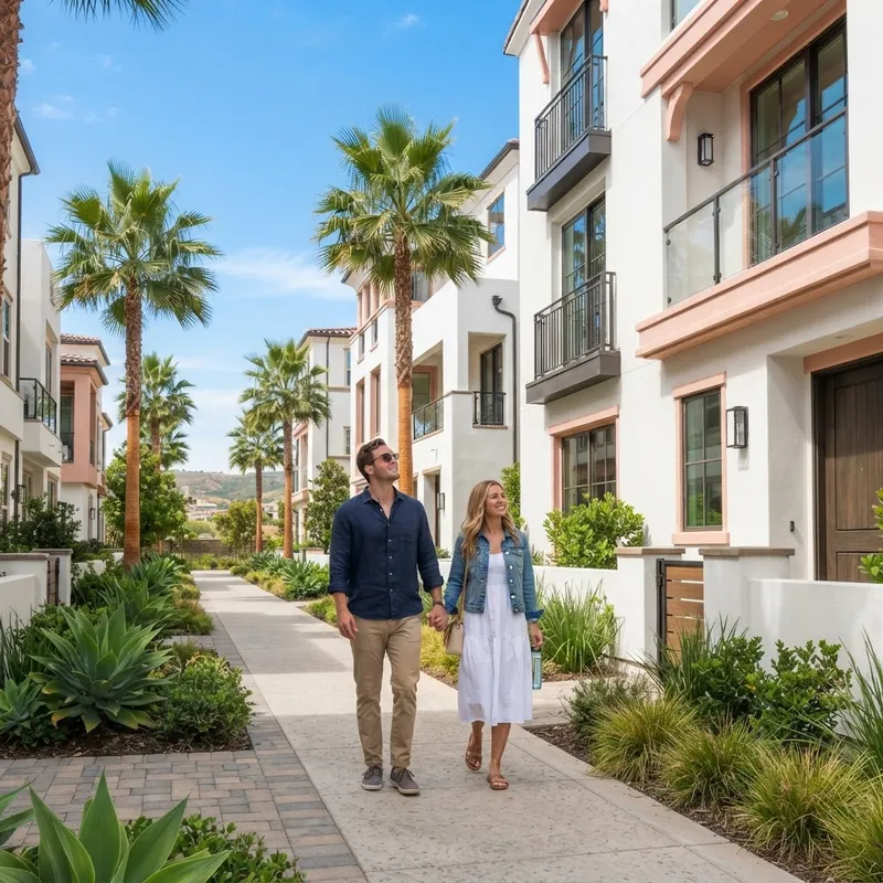 Couple walking confidently toward a new construction townhome